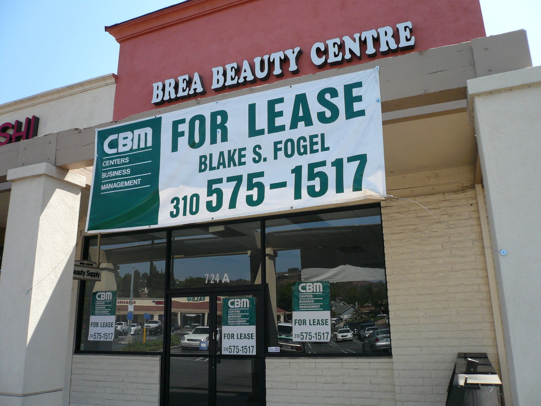 Large white vinyl For Lease banner with green type, grommet-mounted across a retail storefront fascia